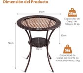 Costway Mesa Redonda de Exterior Mesita para Patio con Superficie en Vidrio Templado y Repisa Mesa de Ratán PE para Piscina Jardín Marrón