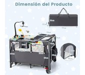Costway Cuna de Viaje para Bebé 0-3 Años con Cambiador Colchón Juguetes Colgantes Caja de Música Altura Ajustable Ruedas Carga 15 kg Gris