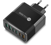 BK304 PD55W Cargador USB PD de 6 puertos 3USB-A + 3USB-C PD QC3.0 Cargador rápido de pared Adaptador enchufe EU enchufe