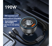 Cargador de coche 2 en 1 de 190 W con carga rápida y cable de datos retráctil, adaptador de carga para coche, enchufe co
