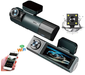 Cámara de coche grabadora 3 lentes 1080P WiFi WDR con pantalla IPS de 3.16 pulgadas, frontal, interior y trasera, 170° á