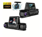 Cámara de tablero de coche con tres lentes: frontal, interior y trasera, HD 1080P DVR para coche con tarjeta de memoria