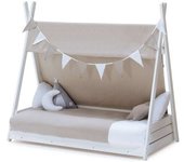 Alondra Cama cabaña montessori blanca 70x140 cm con colchón y textil arena