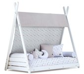 Alondra Cama cabaña montessori blanca 70x140 cm con colchón y textil taiga