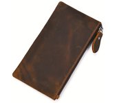 Característica Rústica: Cartera Larga de Cuero Genuino Estilo Vintage de Crazy Horse - Monedero Minimalista con Cremallera, Portatarjetas y Estuche para Bolígrafos para Hombres y Mujeres, Cuero de Vaca de Capa Superior con Forro de Poliéster