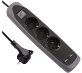 Regleta - Electraline 62150, 3 Tomas, 2 Puertos USB, Cable m, Base de silicona, Negro