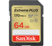 Tarjeta SDXC - SanDisk Extreme PLUS, 64 GB, Vídeo 4k UHD, Hasta 170 MB/s lectura, U3, V30, C10, Multicolor