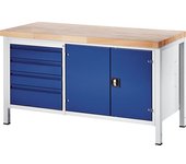 RAU Banco de trabajo, bastidor modular, 4 cajones de tamaño L, 1 armario para herramientas, profundidad 700 mm, anchura 1500 mm