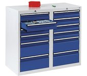 kaiserkraft Cajonera, H x A x P 900 x 1000 x 500 mm, 8 cajones de 100 mm de altura y 4 cajones de 200 mm, cuerpo en gris, cajones en azul genciana