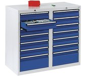 kaiserkraft Cajonera, H x A x P 900 x 1000 x 500 mm, 12 cajones de 100 mm de altura, 2 cajones de 200 mm de altura, cuerpo en gris, cajones en azul