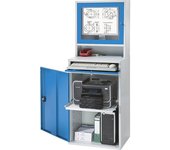 eurokraft pro Puesto de trabajo para ordenador, chapa de acero, H x A 1770 x 650 mm, con compartimento para el monitor, color de la puerta azul