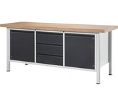 RAU Banco de trabajo, bastidor modular, 3 cajones, 2 puertas, anchura de tablero 2000 mm, antracita metálico