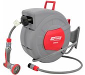 Manguera de jardín Awtools en enrollador 1/2" 20m, ideal para exteriores, flexible, resistente, perfecta para riego y jardinería, fácil de usar, alta durabilidad y rendimiento.
