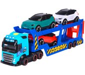 Dickie Toys -Tráiler Transportador de Coches Volvo de 40 cm- Camión FH16 con Remolque, Incluye 3 Coches XC40 Recharge, Efectos de Luz y Sonido, Juguete para Niños a Partir de 3 Años (203747017)