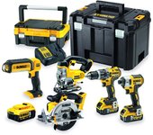 DEWALT DCK551P3T-QW - Kit de Herramientas, Taladro percutor, Atornillador de impacto, Sierra circular, Sierra calar, Linterna, 3 baterías XR 18V Litio 5Ah, cargador y maletines TSTAK I y VI.