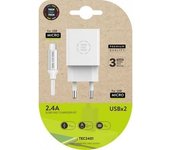Tech One Tech TEC2401 Cargador Doble 2xUSB 2.4A Blanco + Cable Micro USB 1m