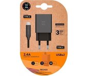 Cargador de Pared TECH ONE TECH TEC2423 2xUSB 2.4A con Cable USB Tipo-C Negro