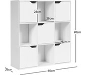 Costway Estantería con 9 Compartimentos Librería de Madera de 3 Niveles con 5 Puertas para Libros Plantas Juguetes 90 x 29 x 90 cm Blanco