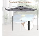 Costway Parasol de terraza Ø303 cm con manivela, sombrilla de jardín plegable a ambos lados 25°, sombrilla solar gris