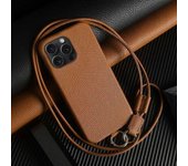 Funda Para Iphone 13 Pro Con Cordón, Piel De Vaca Auténtica, Carcasa Trasera De Pc, Color Marrón