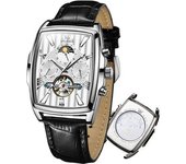 Reloj De Cuero Tonneau Rectangular Vintage Hueco Luminoso Impermeable Fase Lunar Automático Para Hombre(plata)