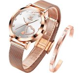 Reloj De Mujer Conjunto De Pulsera De Malla De Diamantes En Forma De Corazón De Oro Rosa(banda De Oro Rosa Y Esfera Blanca.)