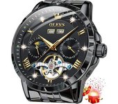 Reloj Automático De Fase Lunar De Acero Inoxidable Tourbillon Hueco Con Diamantes Para Hombre(negro)