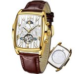 Reloj De Cuero Tonneau Rectangular Vintage Hueco Luminoso Impermeable Fase Lunar Automático Para Hombre(oro)