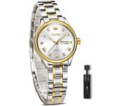 Reloj De Cuarzo Con Diamantes Para Mujer Calendario Reloj Impermeable Con Fase Lunar(oro Blanco Plata)