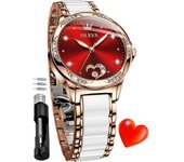 Reloj Automático Para Mujer Reloj De Diamantes Reloj De Señora De Cerámica De Oro Rosa Para Mujer(rojo)