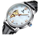 Reloj Mecánico Automático Con Esqueleto Luminoso, Resistente Al Agua, Con Esfera De Concha De Perla Y Cristal Para Mujer