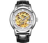 Reloj Deportivo Automático De Cuero Con Esqueleto Hueco Para Hombre, Color Negro, Plateado Y Blanco