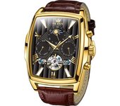 Reloj Mecánico Cuadrado Con Fase Lunar, Hueco, Tourbillon, Fecha Semanal, Luminoso, Resistente Al Agua, Para Hombre (marrón)
