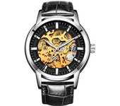 Reloj Deportivo Automático De Cuero Con Esqueleto Hueco Para Hombre - Negro, Plateado Y Negro