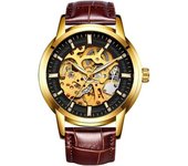 Reloj Deportivo Automático De Cuero Con Esqueleto Hueco Para Hombre - Marrón Oscuro