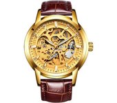 Reloj Deportivo Automático De Cuero Con Esqueleto Hueco Para Hombre, Color Marrón Dorado