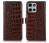 Funda Tipo Cartera Para Motorola Moto G75 5g, De Piel Auténtica De Vaca Con Textura De Cocodrilo, Color Marrón