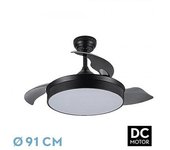Ventilador De Techo Led Negro 48w Metal / Abs / Policarbonato Motor Dc Con Temporizador Mando A Distancia Palas Retractiles Verano E Invierno