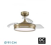 Ventilador De Techo Led Cuero 48w Metal / Abs / Policarbonato Motor Dc Con Temporizador Mando A Distancia Palas Retractiles Verano E Invierno