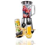 Batidora Vaso Americana, Jarra Cristal 1l + 2 Vasos Smothie To Go 600 Ml, Picahielo, Función Pulso Plata 450w Mpm Mbl-15m
