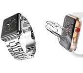 Kit De Correa De Acero + Herramienta + Funda Total Protección Gift4me Compatible Con Reloj Apple Watch Series 7 - 45mm Gris / Transparente