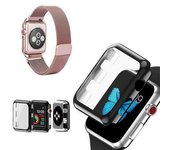 Kit Correa Milanesa Con Cierre Magnético+ Funda Protectora Con Vidrio Gift4me Compatible Con Reloj Apple Watch Series 7 - 41mm Rosa