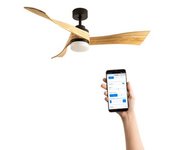 Ventilador De Techo 40w Silencioso Ø132 Cm, Negro- Madera Natural- Con Luz- Wifi + Mando A Distancia, Create - Windlight Curve Dc
