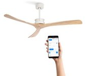 Ventilador De Techo 40w Silencioso Xl Ø152 Cm, Blanco- Madera Natural- Sin Luz- Wifi + Mando A Distancia, Create - Wind Large Dc