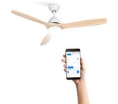 Ventilador De Techo 40w Silencioso Ø132 Cm, Blanco- Madera Natural- Con Luz- Wifi + Mando A Distancia, Create - Windlight Cup Dc