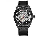 Elegante Reloj De Pulsera Automático Con Correa De Cuero Para Hombre, Esfera Esquelética, Resistente Al Agua Y A Los Arañazos - Negro