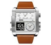 Reloj De Pulsera Con Pantalla Analógica De 3 Tiempos Y Alarma De Cuarzo Led Cuadrado Para Hombre - Máquina Negra Con Cinturón Marrón Plateado
