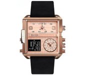 Reloj De Pulsera Digital Analógico De Cara Grande Cuadrado Led Para Hombres Con Cronómetro A Prueba De Agua - Oro Rosa