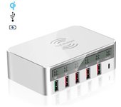 Multi Cargador Dam Qi Rápido, Con 4 Tomas Usb, 1 Salida Qc (quick Charge) Y 1 Salida Tipo C. Pantalla De Información Lcd. 11,5x4,2x8 Cm. Color: Blanco