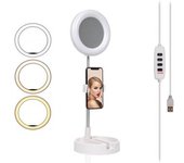 Anillo Luz Led Dam Estudio Plegable Extensible Sobremesa Con Soporte Smartphone. Espejo Y Caja Para Maquillaje 16x5,9x16 Cm. Color: Blanco